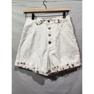 Vtg 90s SHE SAID Denim High Waisted‎ Jean Shorts White w Pink Flowers Sz 7